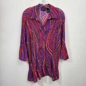 Maggie Barns colorful 3/4 sleeve button front accordion pleat stretch shirt 1X
